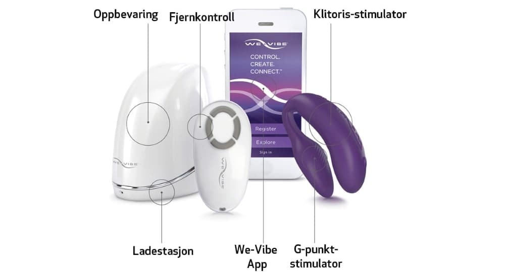 We-Vibe 4 Plus parvibrator kommer med fjernkontroll, oppbevaringseske, lader og en egen app.