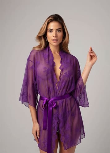 Sexy undertøy - Christine - Lace Kimono Set Flower Purple S - bilde 1
